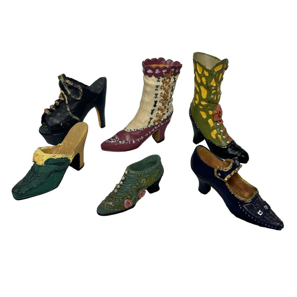 Collection of Womens Shoe Figurines (6), Victorian Style Miniature boots heels